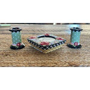 Mary Engelbreit Floral Candleholder Set With Roses & Polka Dot Design Square & S
